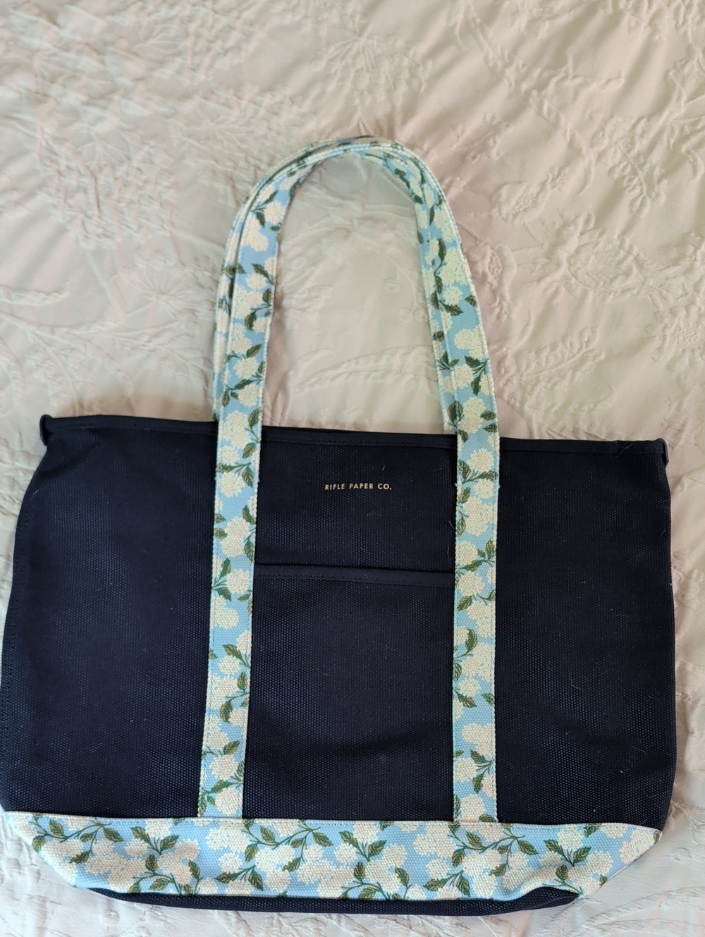 Rifle Paper Co. Navy Canvas Tote with Floral Strap Accents